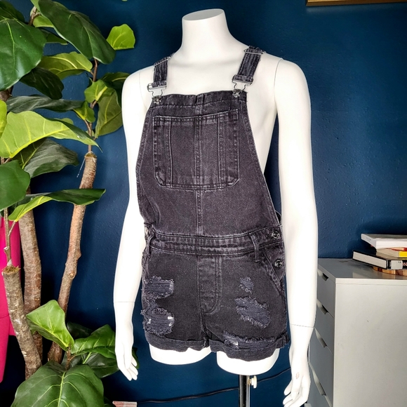 Black Distressed Denim Cuffed Overalls - Size S - BlueNotes
